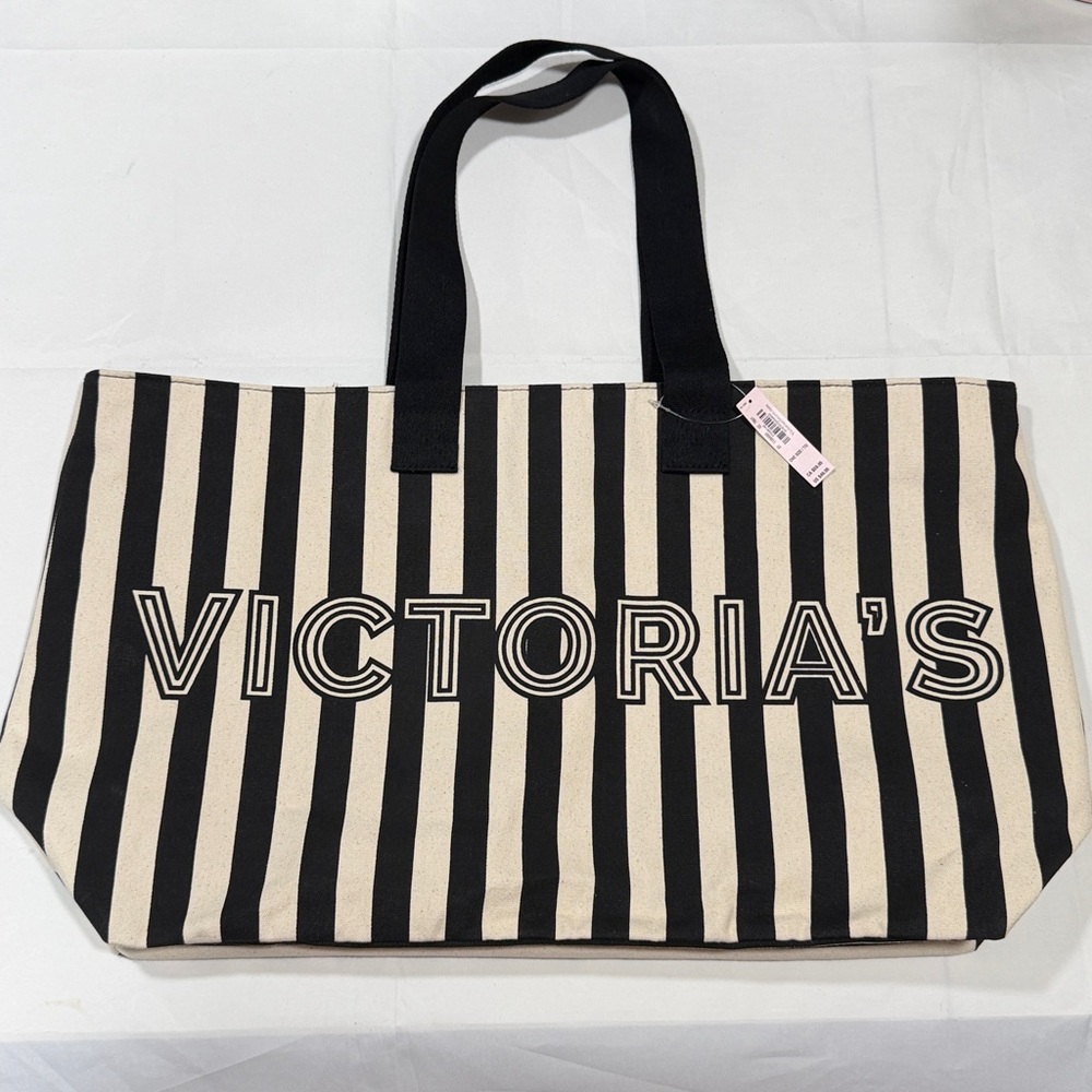NEW Victoria’s Secret Black and Tan Striped Zipper top Tote